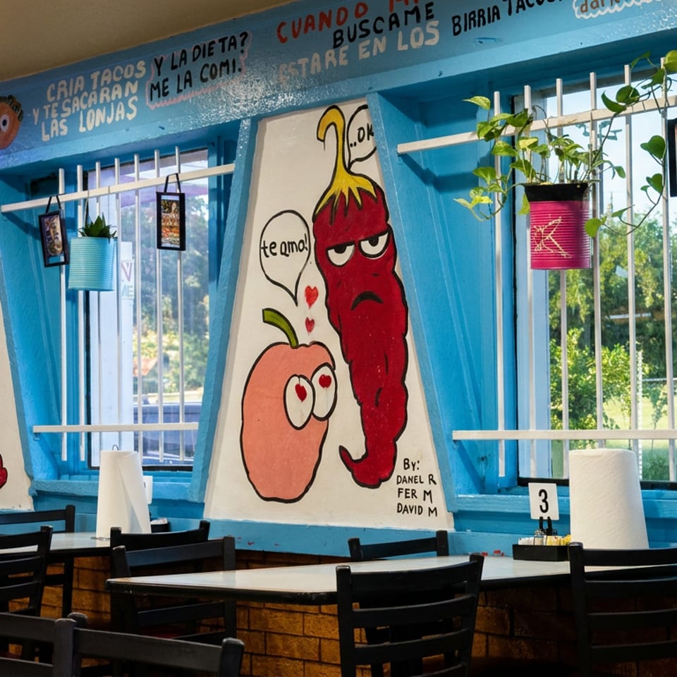 Colorful Mexican restaurant dining area with blue windows, black tables, and playful murals of tacos, peppers, and cartoon characters.