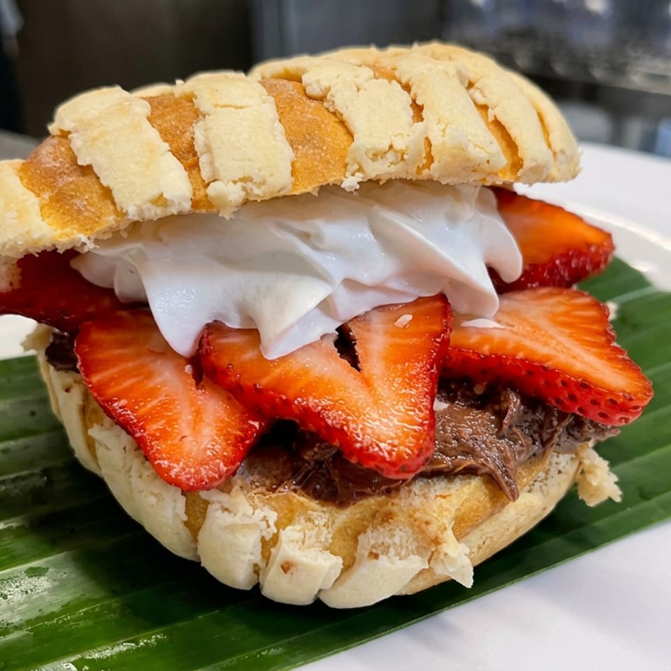 Toasted sandwich layered with bacon, melted white cheese, sliced strawberries, and chocolate spread on a banana leaf-lined plate.