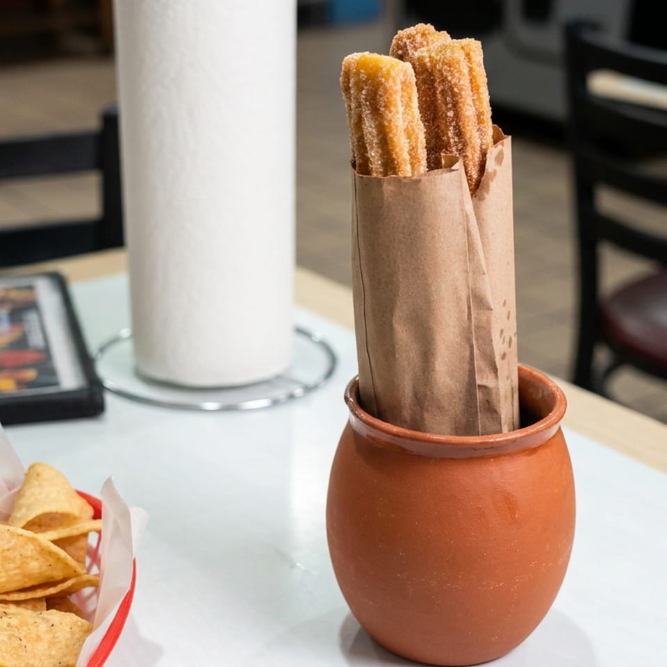 Cinnamon-sugar churros in a clay cup beside tortilla chips on a restaurant table.