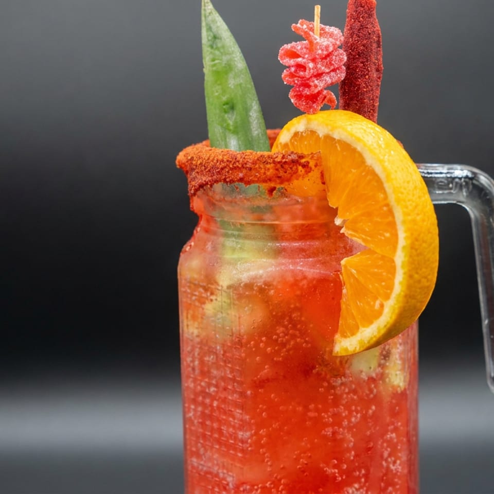 Bright red sparkling drink in a glass mug garnished with an orange slice, chili-salt rim, green leaf, and red candy.