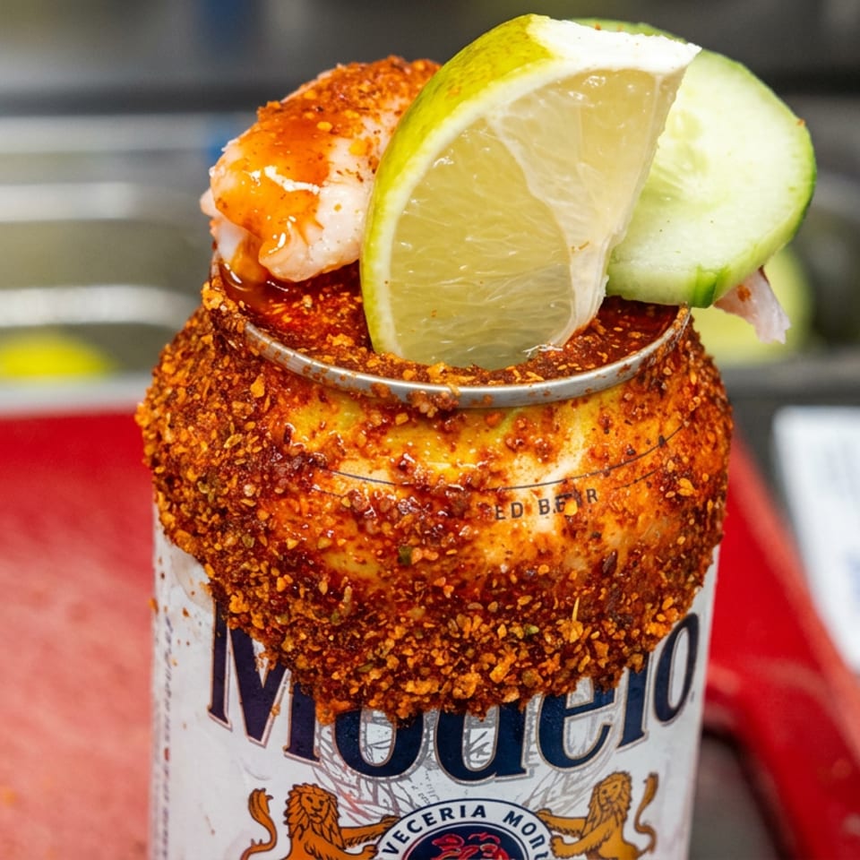 Chili-rimmed Michelada topped with lime wedges and shrimp, served in a Modelo beer glass.
